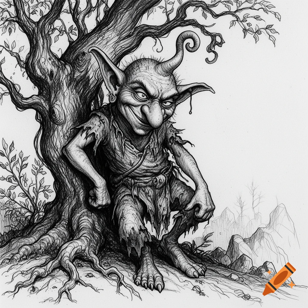 A detailed pen and ink drawing of a mischievous-looking goblin with large ears and a horn, crouching by a gnarled tree.