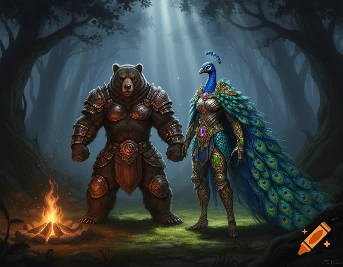 Armored bear humanoid and peacock warrior stand by a campfire in a mystical forest with light rays in a digital painting.