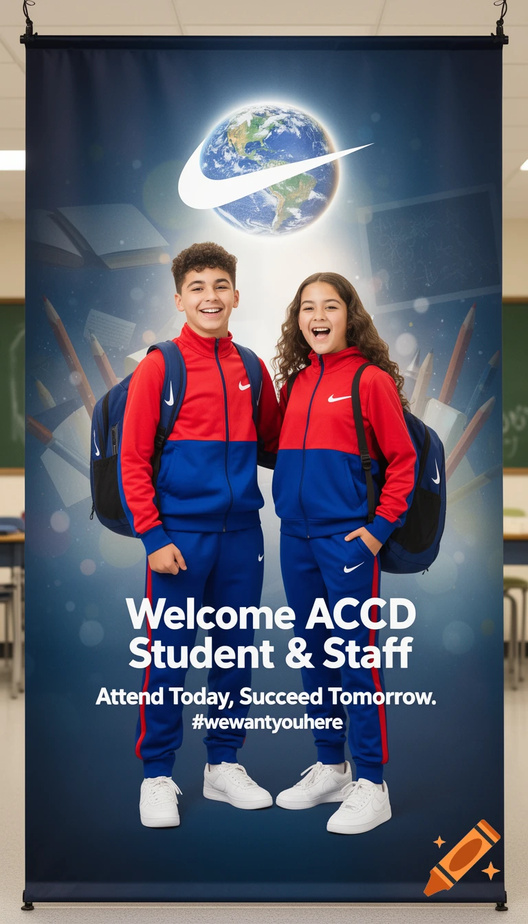 Two smiling middle school students, a boy and a girl, wearing red and blue Nike tracksuits and backpacks, stand in front of a school banner. The banner features a Nike swoosh over a globe and text welcoming students and staff.