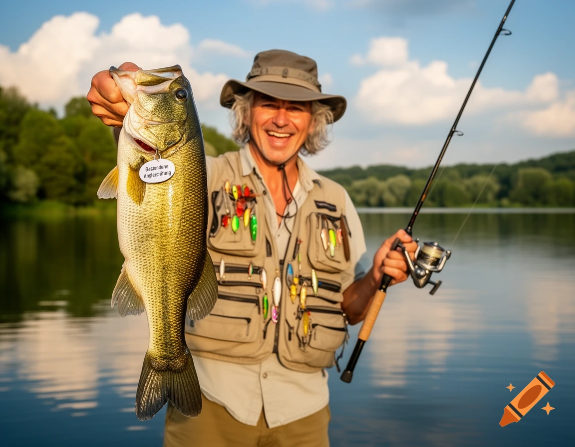 A smiling fisherman in a hat and vest proudly holds a large bass with a tag and a fishing rod by a lake under a sunny sky.