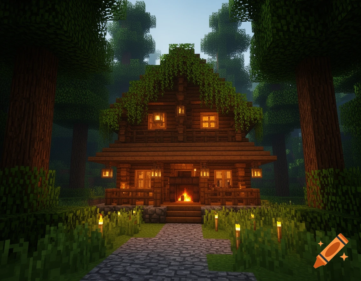A cozy, two-story Minecraft log cabin with a stone path leading to its entrance, illuminated windows, and a smoking chimney, nestled in a dense forest.