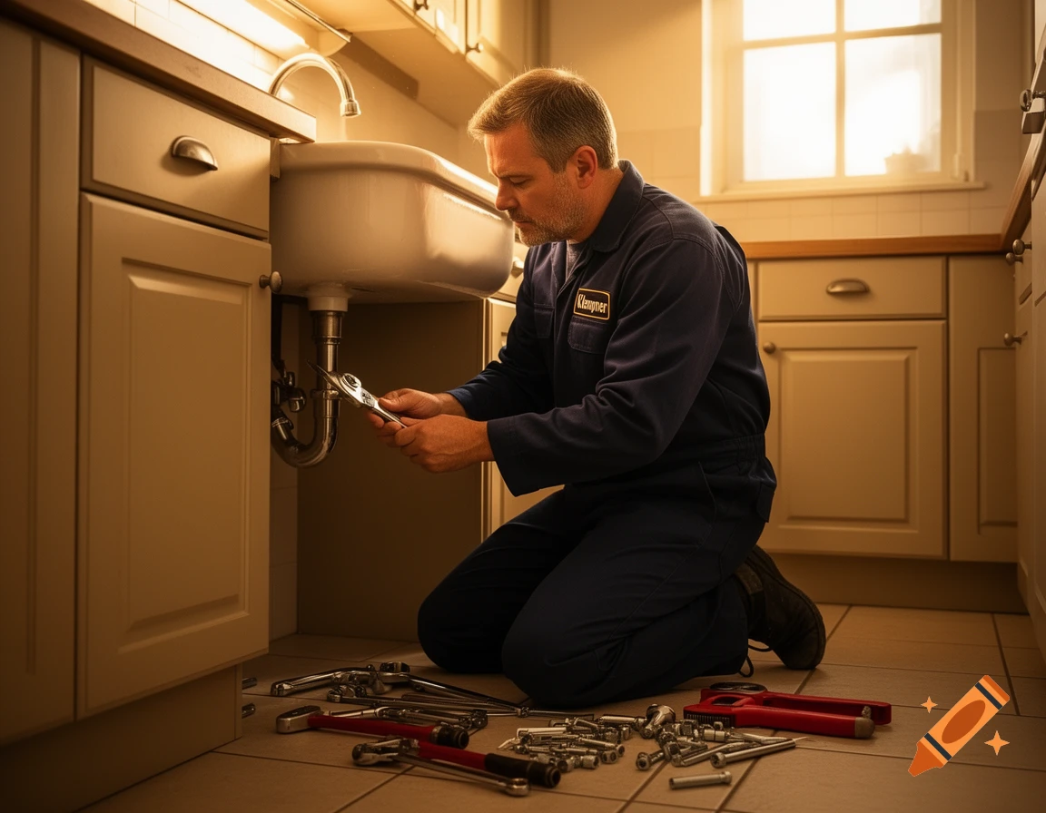 A man in a blue uniform kneels on the floor, fixing pipes under a kitchen sink, surrounded by tools. Photorealistic.