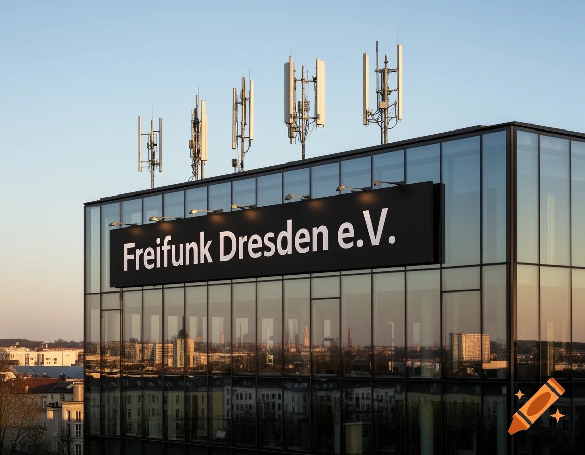 A modern glass building with a black sign displaying "Freifunk Dresden e.V." and multiple communication antennas on its roof, against a clear sky.
