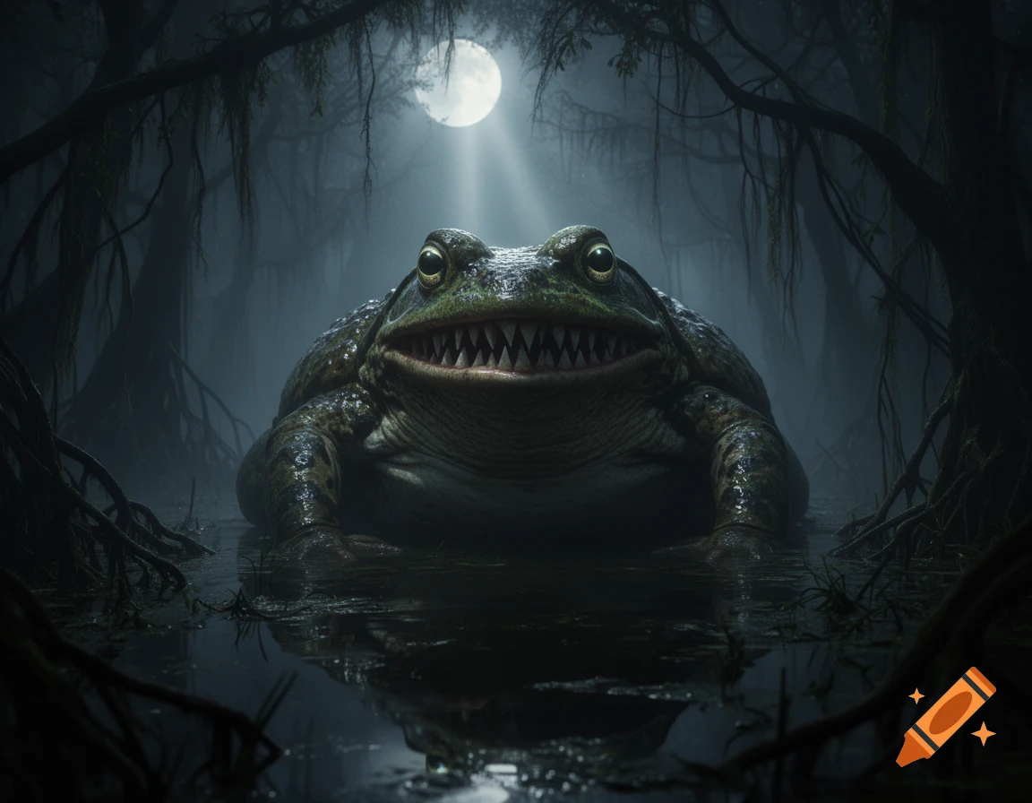 A giant, menacing frog with sharp teeth, glowing eyes, and a wide grin, submerged in a misty, moonlit swamp with dark trees.