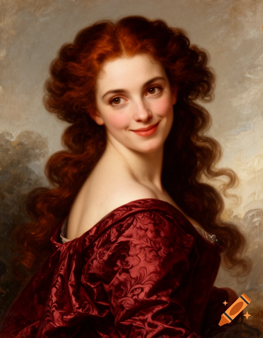A Rococo/Baroque style painting of a smiling woman with long, wavy red hair and fair skin, wearing a red off-the-shoulder dress.