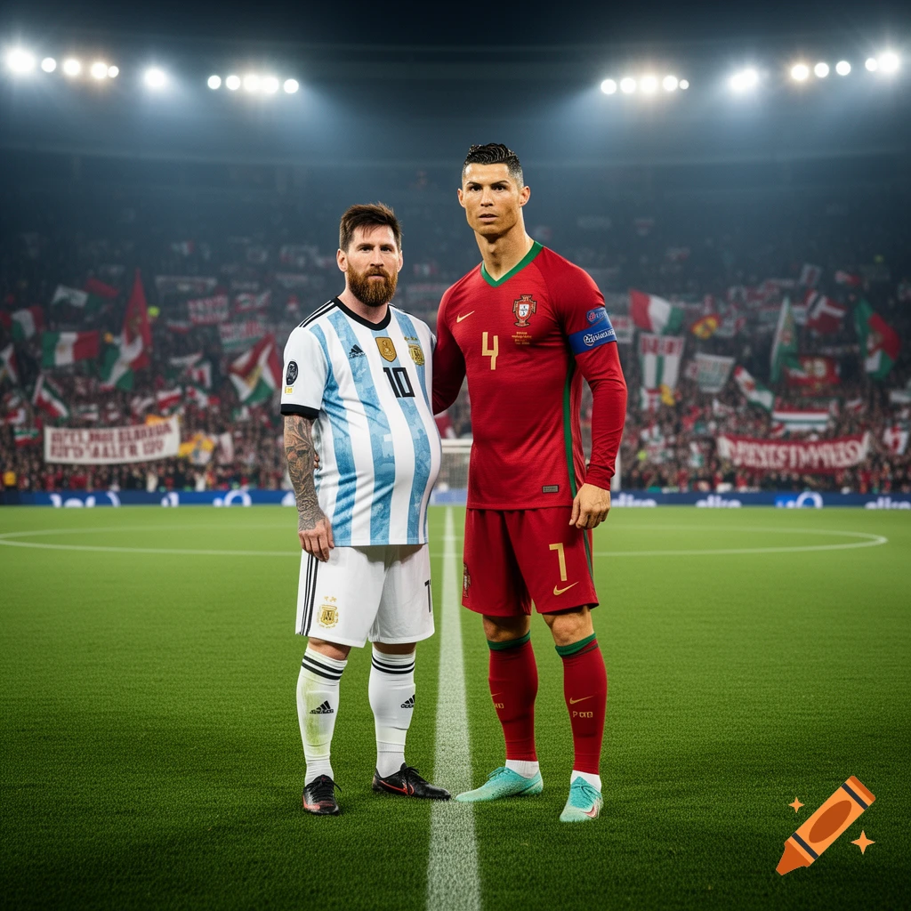 Photorealistic image of a visibly pregnant Lionel Messi in an Argentina jersey standing next to Cristiano Ronaldo in a Portugal jersey on a soccer field.