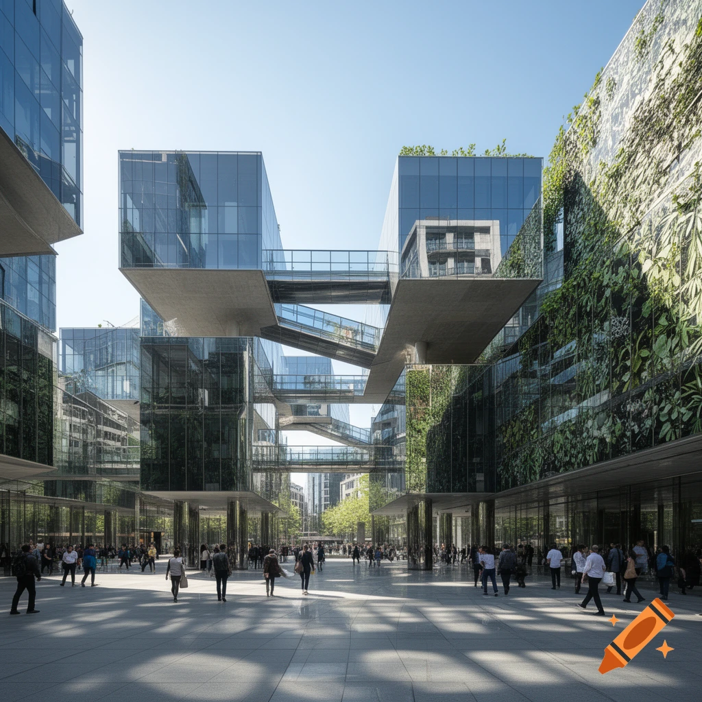 Modern glass and concrete buildings with interconnected walkways, green living walls, and an open plaza filled with people walking.