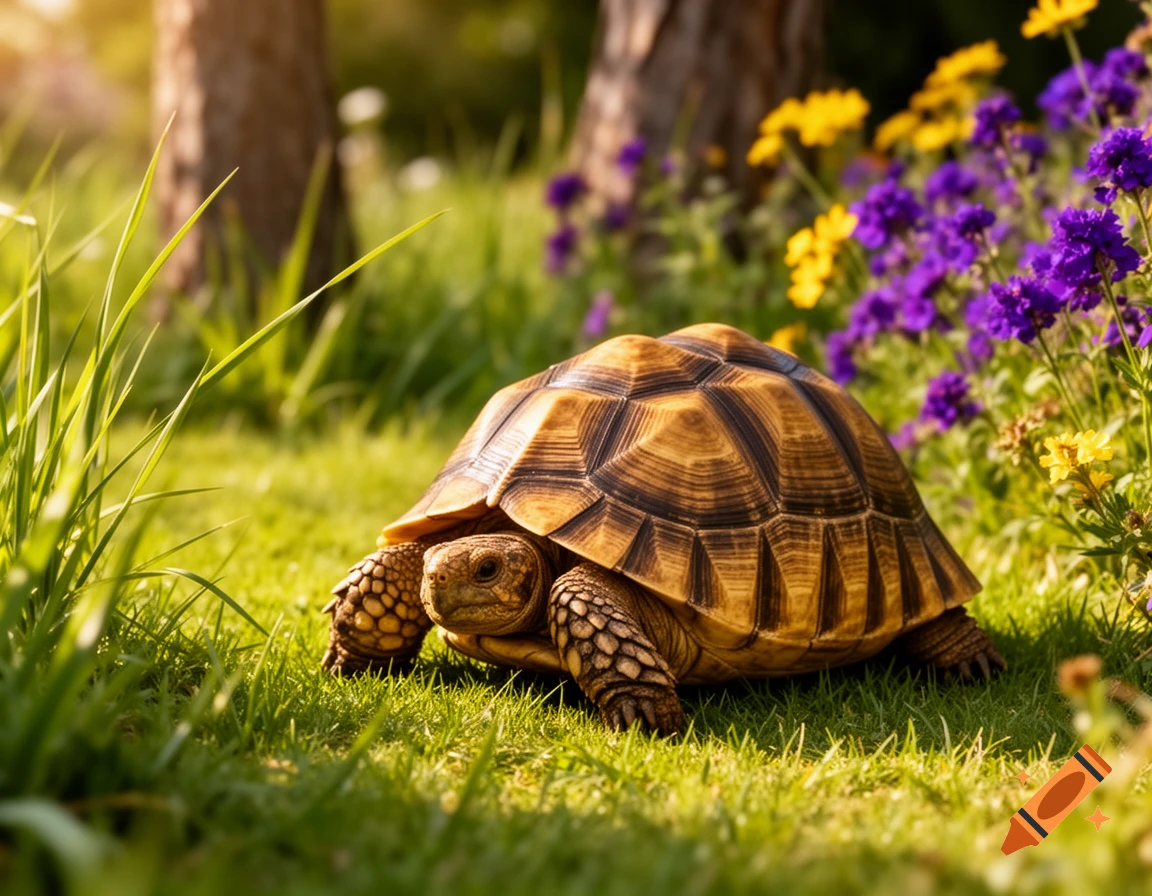 A photorealistic tortoise crawls through lush green grass beside vibrant purple and yellow wildflowers, with tree trunks in the background.