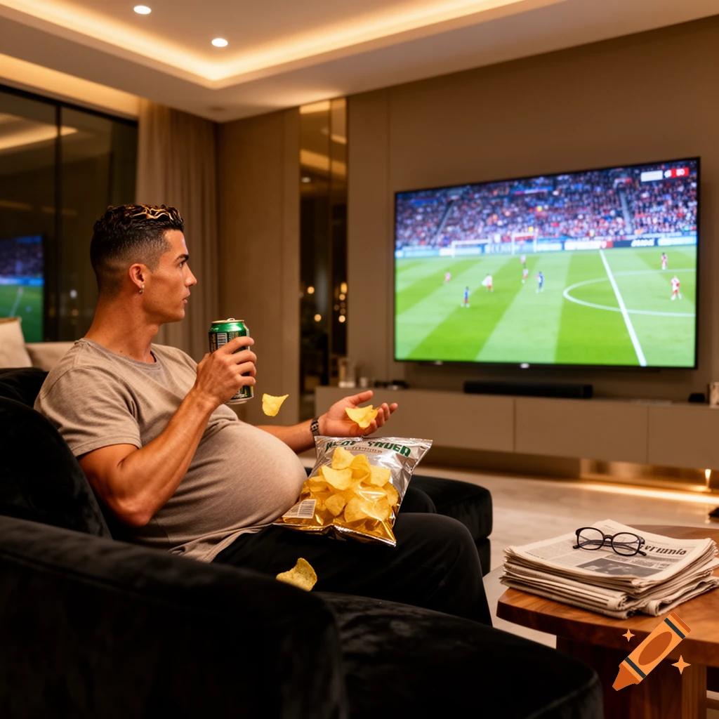 Photorealistic image of Cristiano Ronaldo with a beer belly, eating chips and drinking from a can, watching football on a TV in a modern living room.