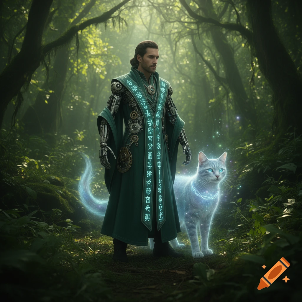 A man with robotic arms and a green robe with glowing runes stands with a glowing, blue-eyed cat in an emerald forest.
