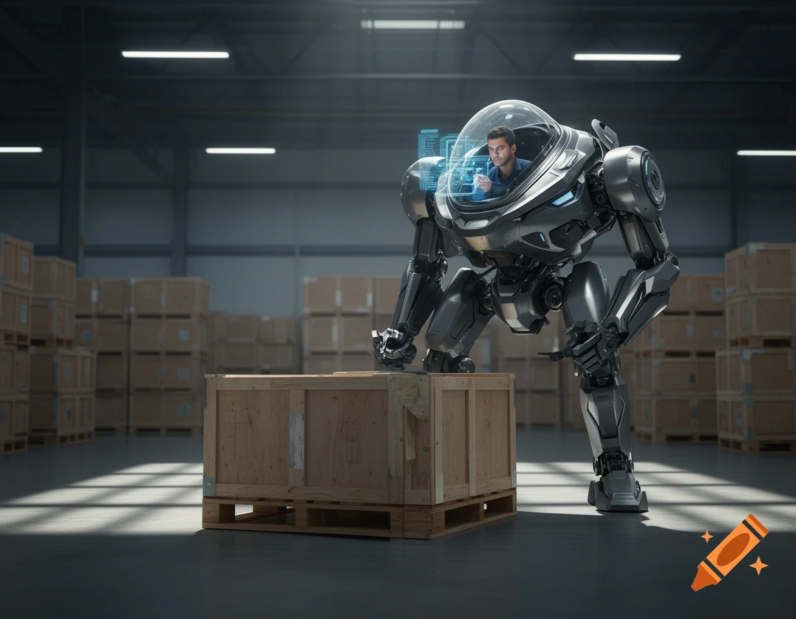Photorealistic image of a man in a futuristic mech suit moving a large wooden crate on a pallet in a warehouse.