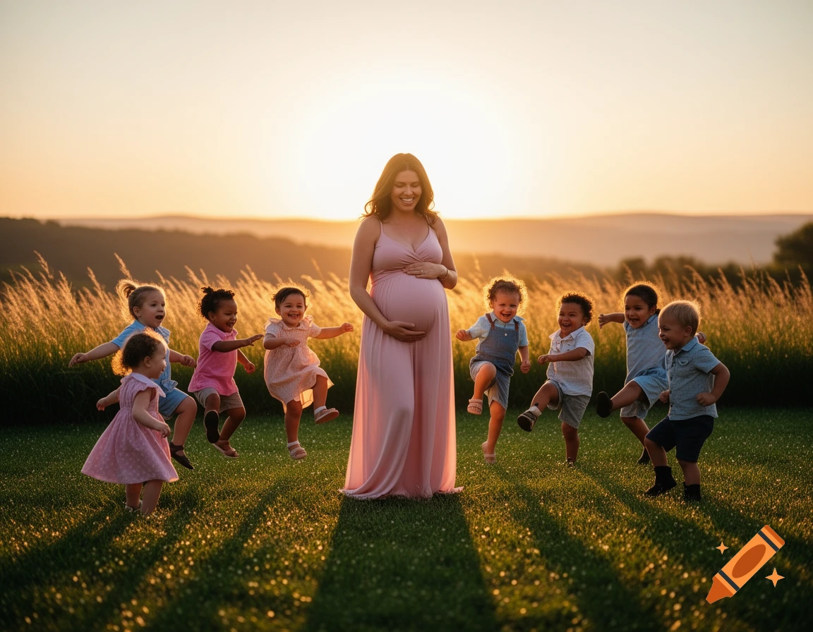 A pregnant woman in a pink dress stands smiling in a sunlit field with seven joyful toddlers dancing and kicking around her during sunset.