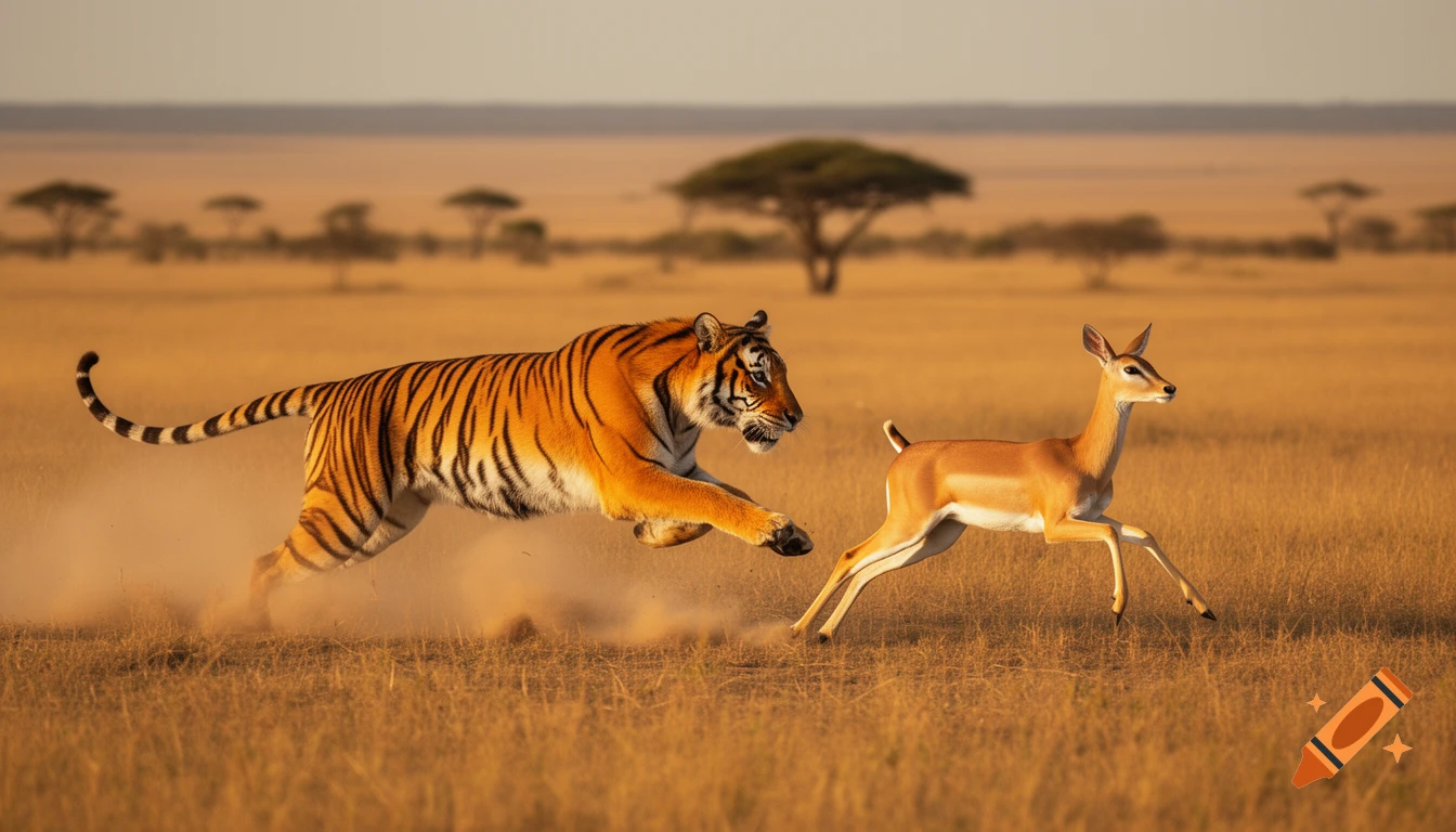 A tiger chases a deer across a dry, golden savanna plain at sunset, kicking up dust.