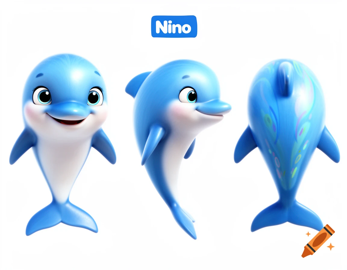 Character design sheet showing front, side, and back views of Nino, a cute blue cartoon dolphin with big eyes and a happy smile, in a 3D animation style.