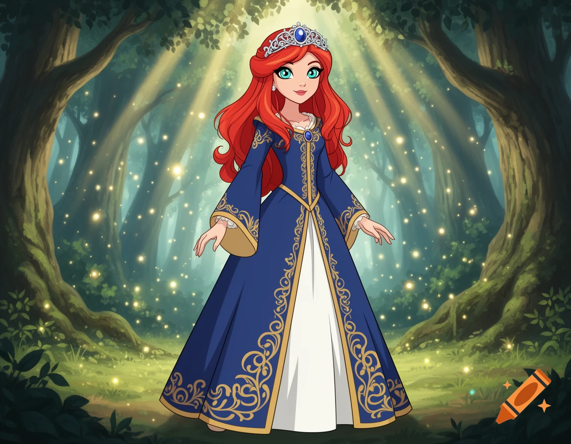 Red-haired animated princess in a blue and gold gown stands in a magical forest with glowing lights and sunbeams.