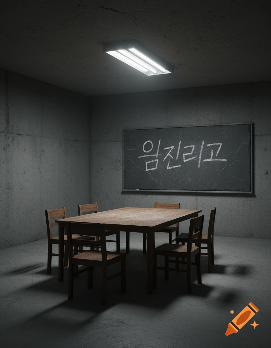 A dark concrete room with a long wooden table and chairs, illuminated by a single fluorescent light, and a blackboard displaying Korean text.