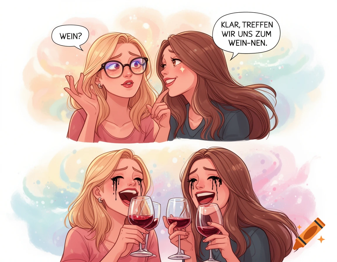 A cartoon comic strip of two women. Top: blonde woman asks "WEIN?" brown-haired woman replies "KLAR, TREFFEN WIR UNS ZUM WEIN-NEN." Bottom: both crying, mascara running, holding wine.