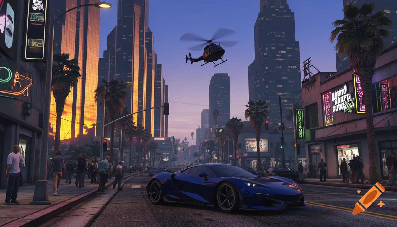A blue sports car on a city street at dusk, with tall buildings reflecting the sunset, a helicopter, and pedestrians.