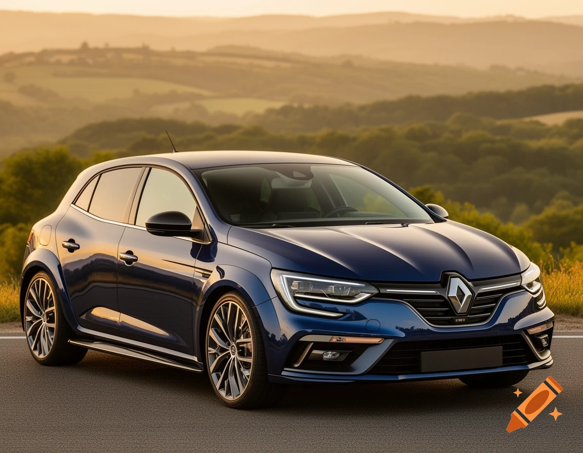 A dark blue Renault Megane hatchback car is parked on a road with rolling green hills and a golden sunset in the background.