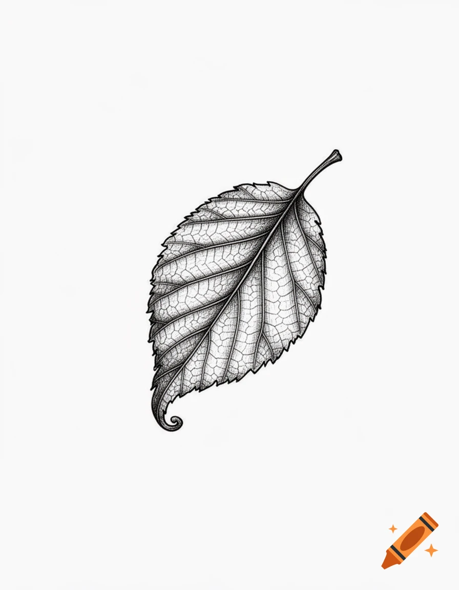 Detailed black and white drawing of a leaf with visible veins and serrated edges, featuring a slight curl at the tip.