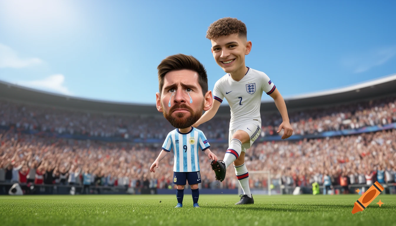 Cartoon Lionel Messi with a large crying head and tiny body in an Argentina kit stands on a football pitch as a laughing Jude Bellingham in an England kit appears behind him, ready to kick a boot.