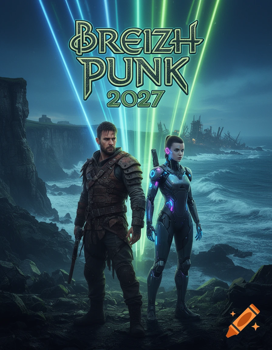 A man in post-apocalyptic gear and a woman in a cyberpunk suit stand on a rocky coast under neon lights with "BREIZH PUNK 2027" text.