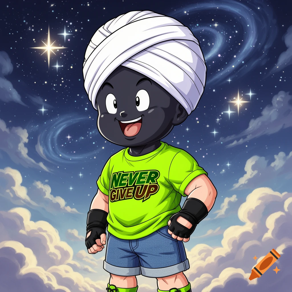 Cartoon character Mr. Popo with a white turban and a lime green t-shirt with "NEVER GIVE UP" text, standing on clouds against a starry night sky.
