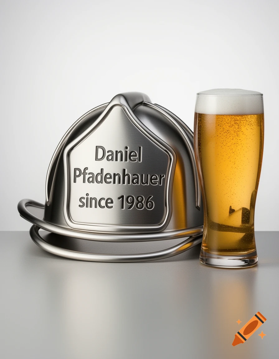 A metallic firefighter helmet with "Daniel Pfadenhauer since 1986" engraved, next to a glass of foamy beer, on a gray surface.