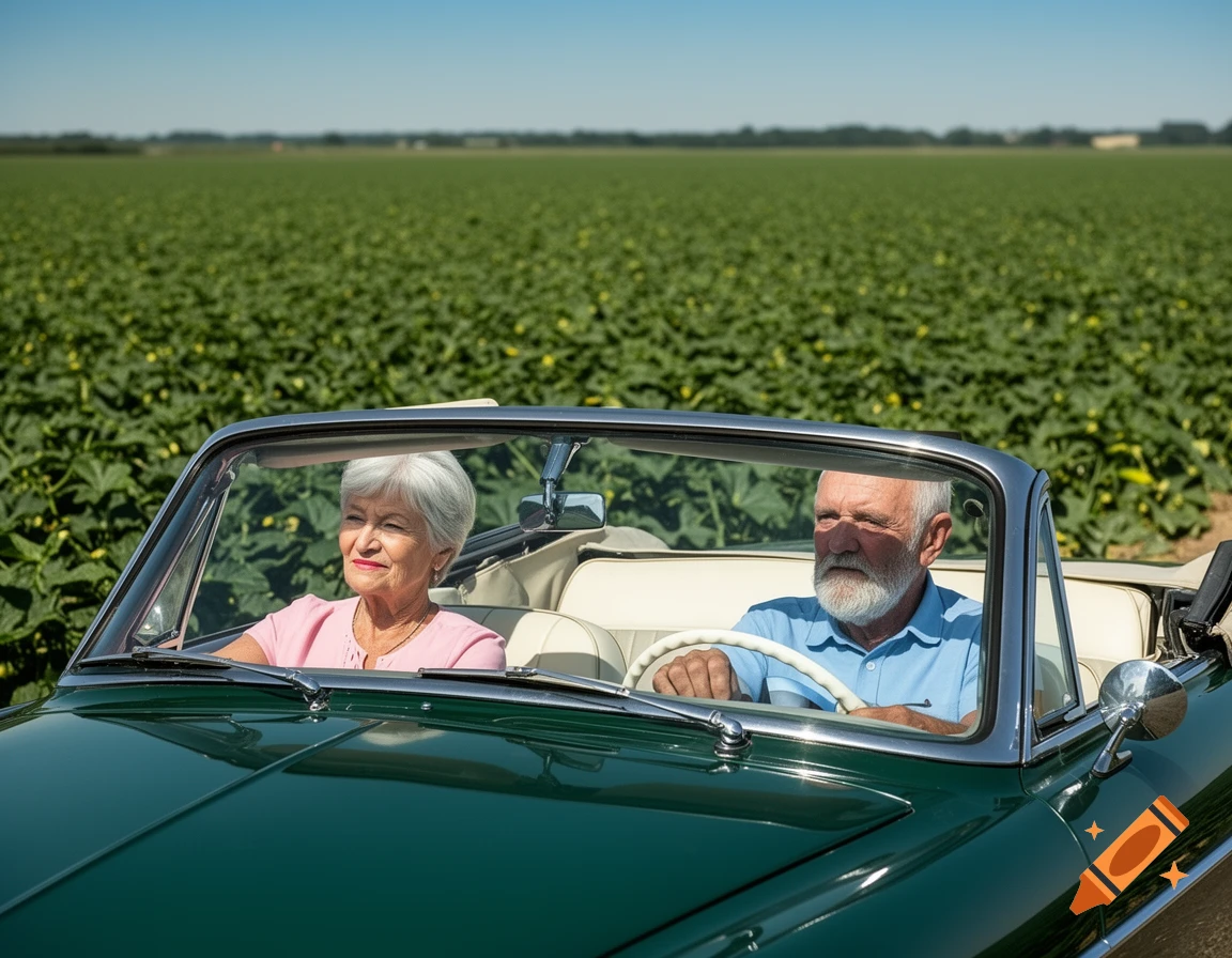 An elderly couple in a green convertible drives through a vast green field on a sunny day.