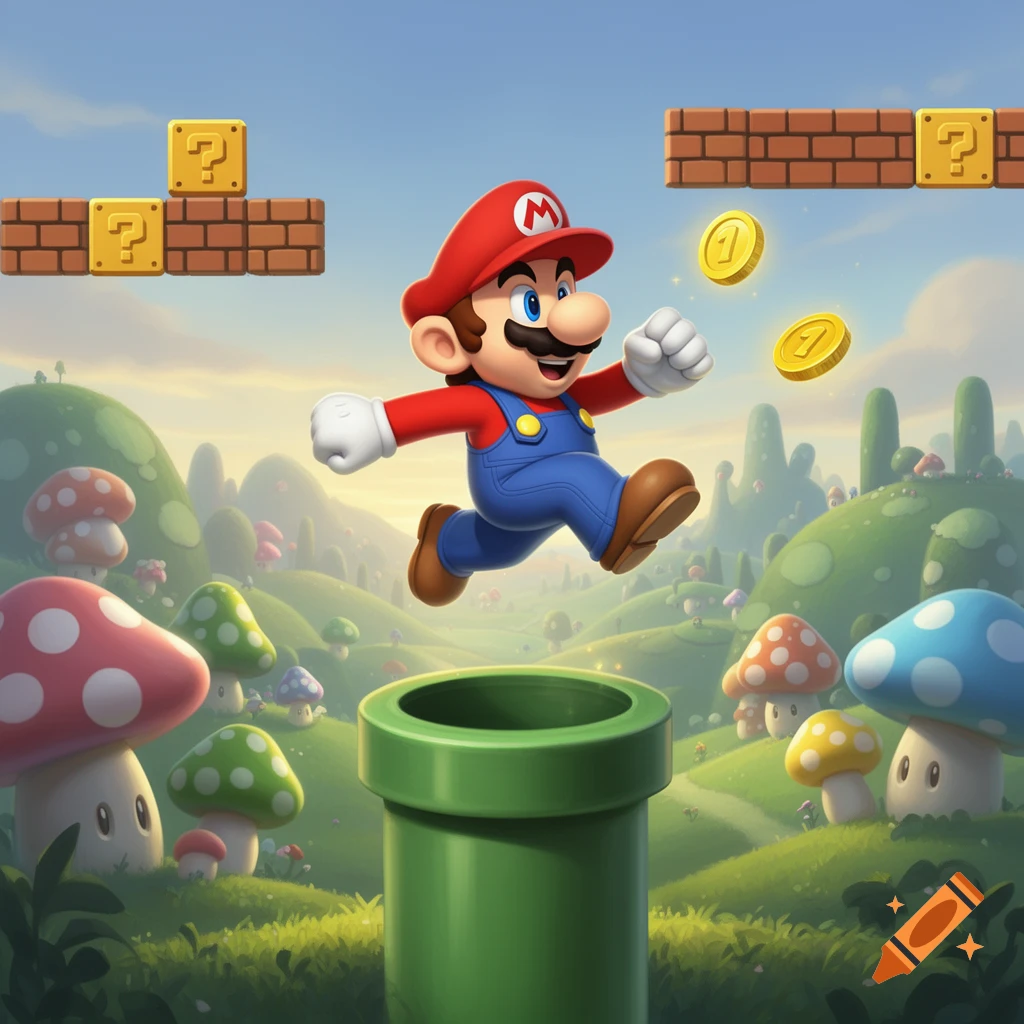 Colorful image of Mario jumping over a green pipe in a mushroom-filled landscape, with question mark blocks and coins.
