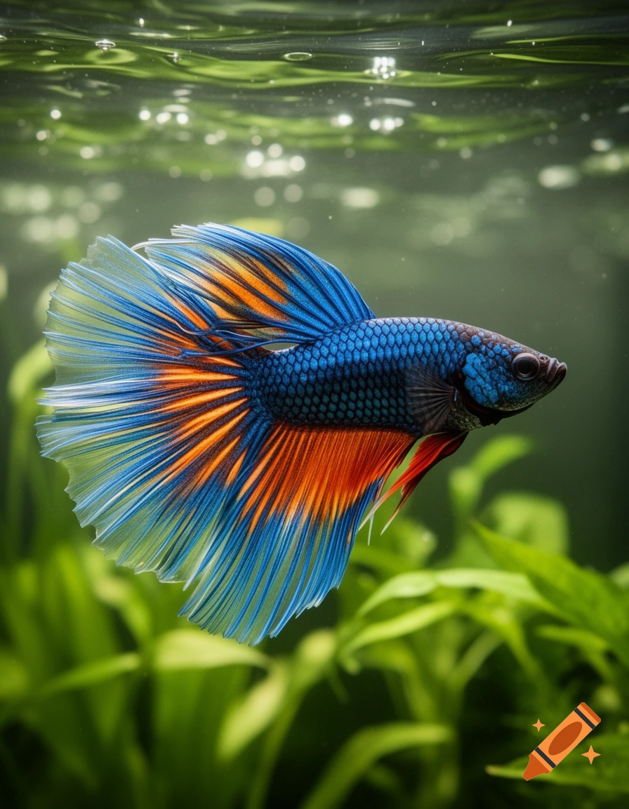 Close-up of a vibrant blue and orange betta fish with flowing fins swimming in a planted aquarium under soft light.