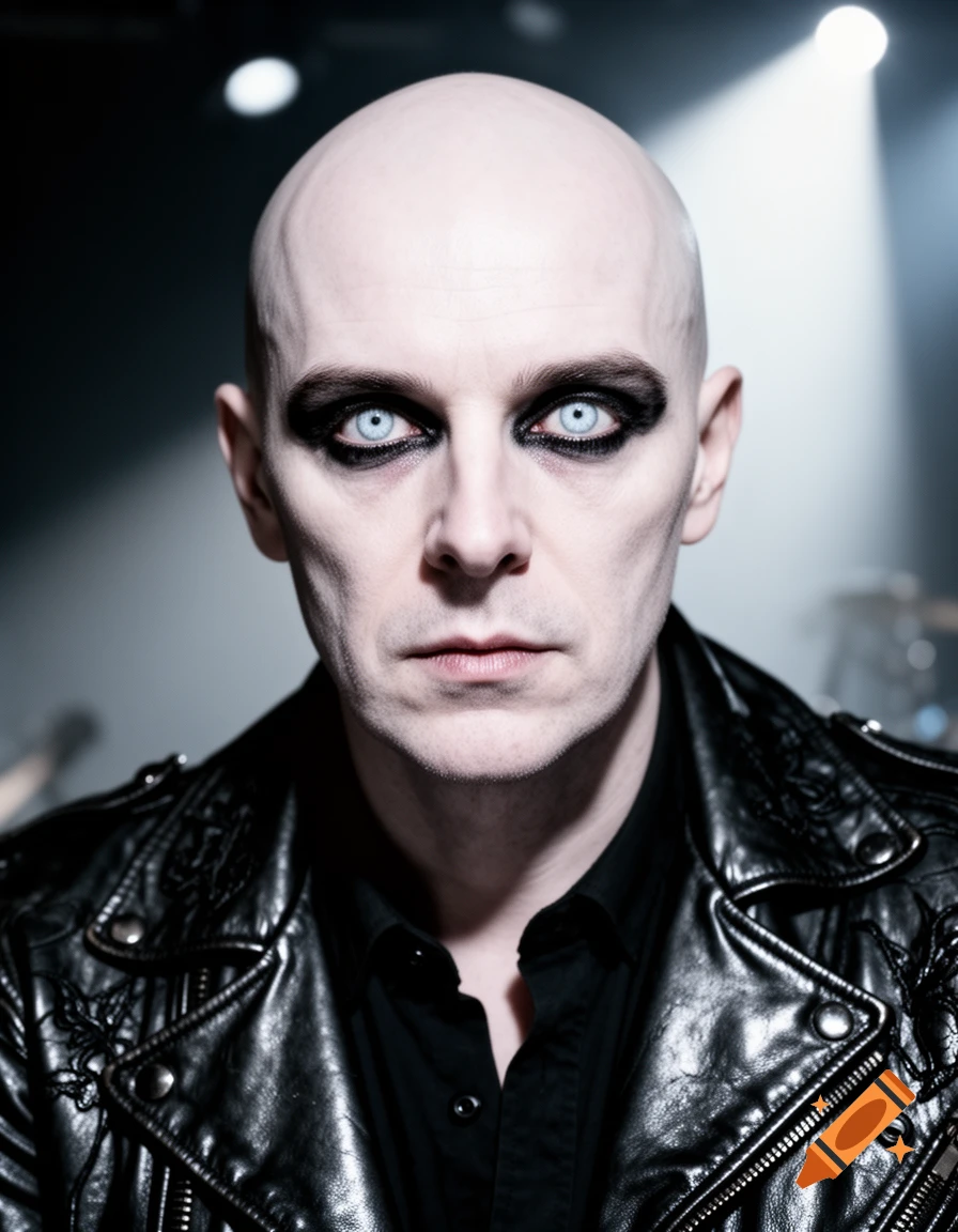 Close-up portrait of a bald man with pale skin, piercing blue eyes, and heavy dark eye makeup, wearing a black leather jacket.