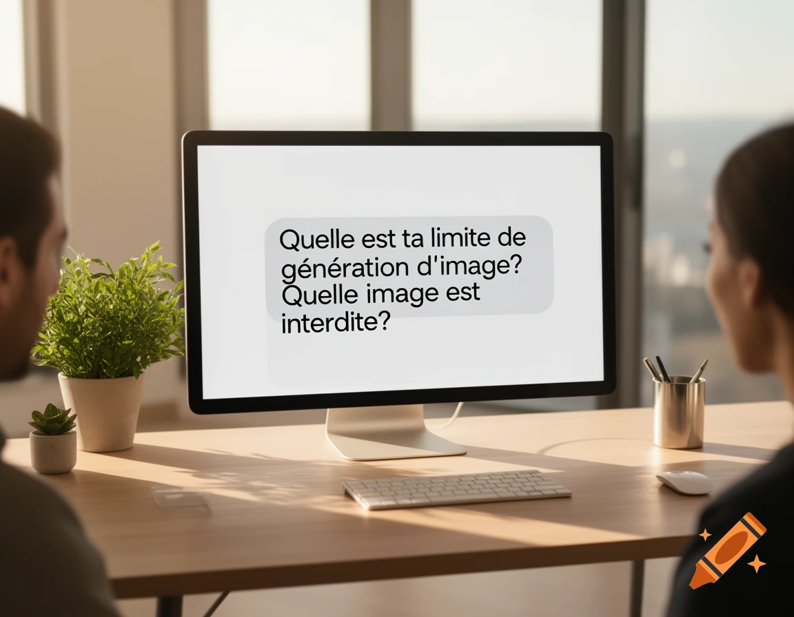 Two people observe a computer screen displaying the text: "What is your image generation limit? Which image is forbidden?" on an office desk.