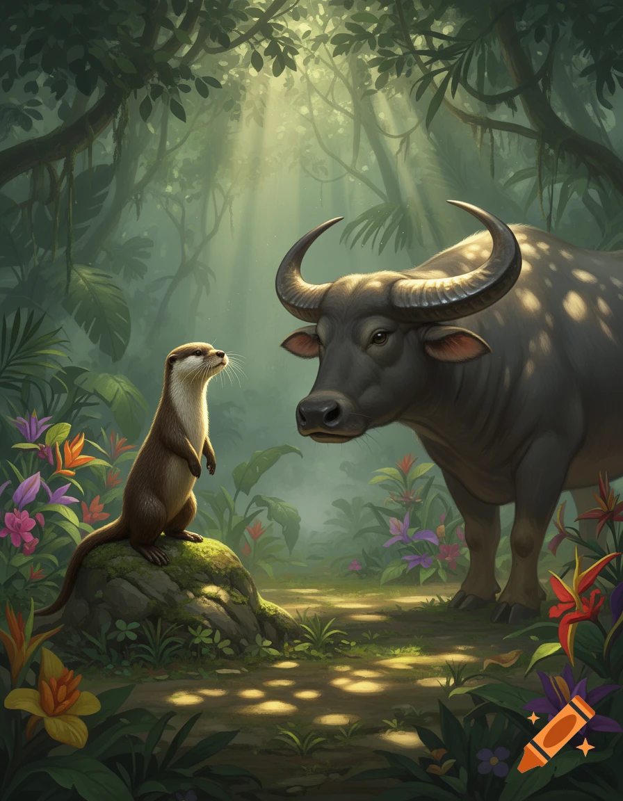 An illustrated otter on a mossy rock faces a large Asian water buffalo in a sunlit jungle.