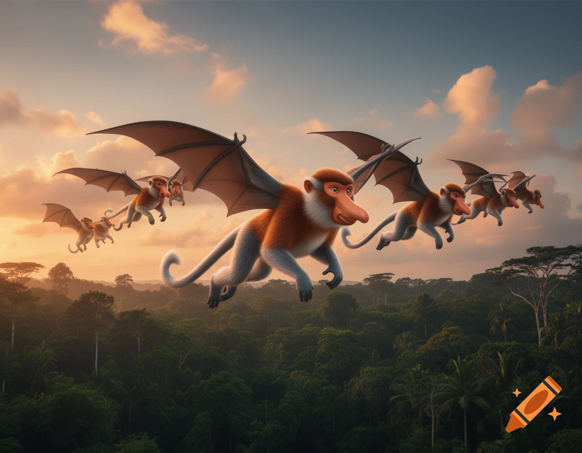 Several winged proboscis monkeys fly over a dense jungle at sunset in a photorealistic style.