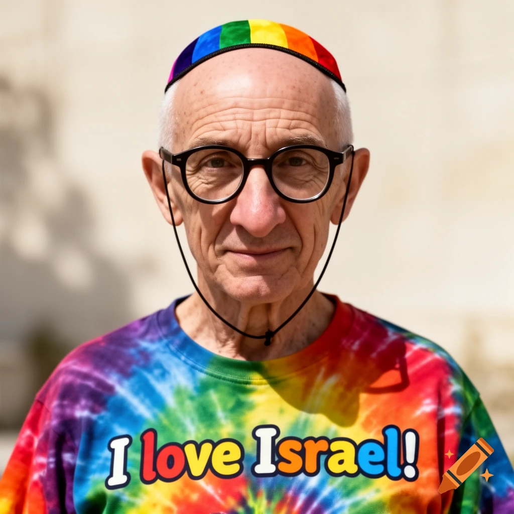 A close-up portrait of an older bald man wearing a rainbow kippah, thick glasses with a string, and a rainbow tie-dye shirt that says 'I love Israel!'