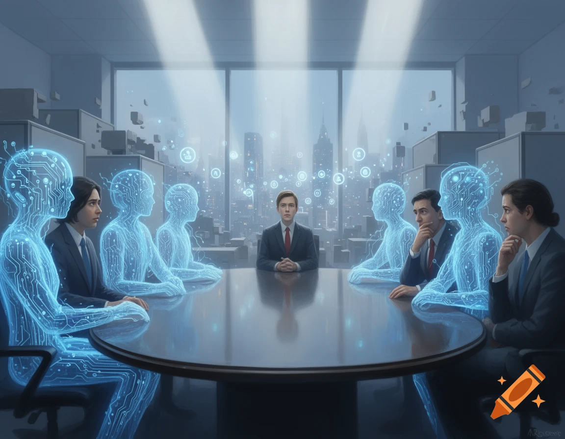 A corporate meeting with a man and human colleagues alongside glowing blue, circuit-patterned AI figures at a round table overlooking a city, symbolizing AI replacement.
