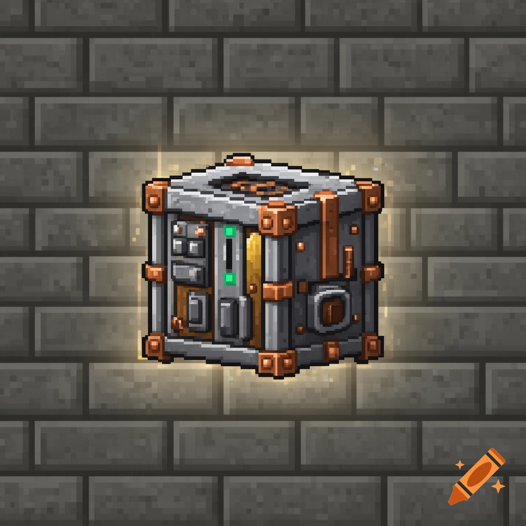 A pixel art Minecraft-style item compressor with copper accents and green lights, emitting a golden glow against a brick wall background.