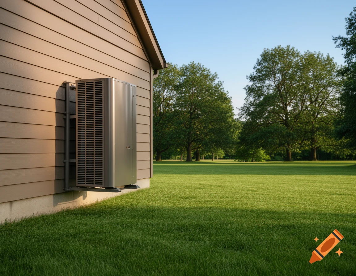 A modern heat pump unit mounted on the side of a tan house with green siding, overlooking a bright green lawn and trees under a clear sky.