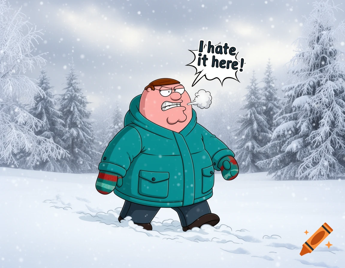Cartoon character Peter Griffin, bundled in a coat, grumbles 'I hate it here!' while standing in a snowy winter forest.