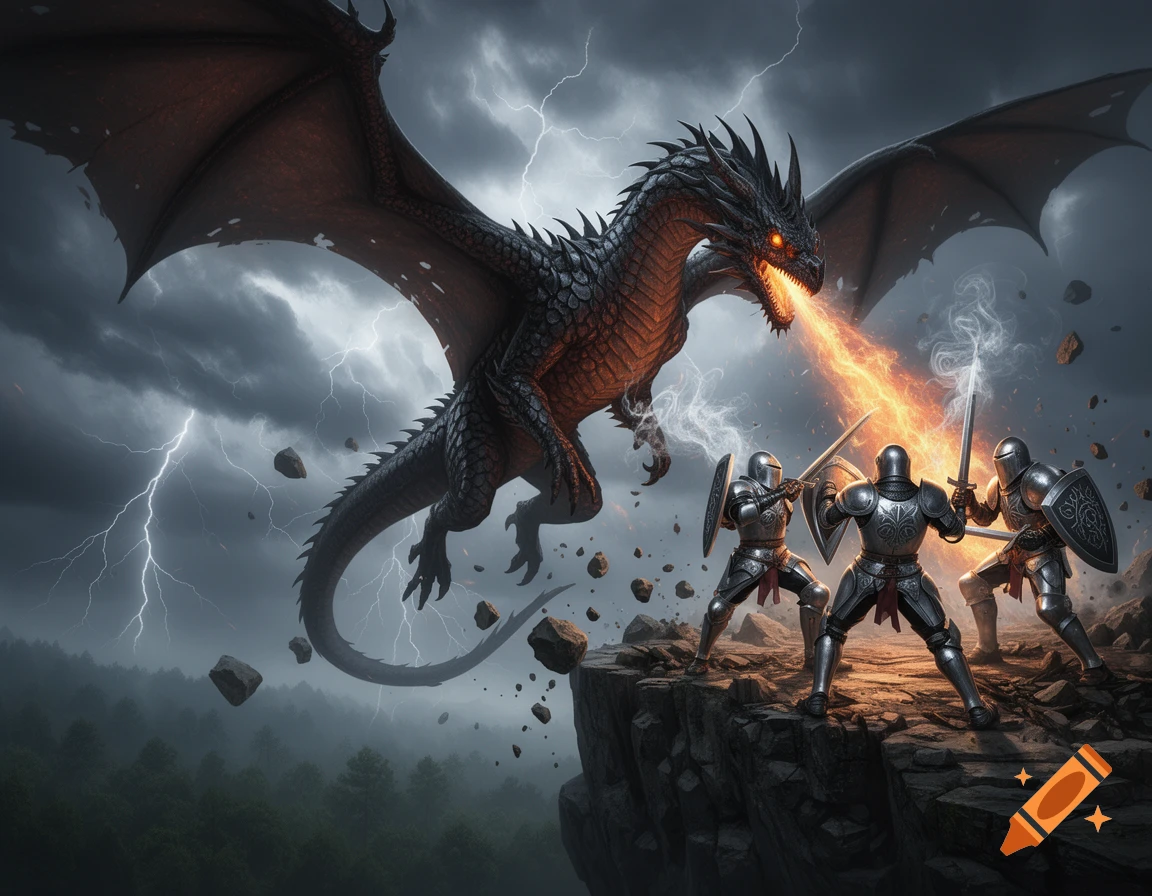 A dark dragon breathing fire at three armored knights on a cliff during a lightning storm, epic fantasy art.