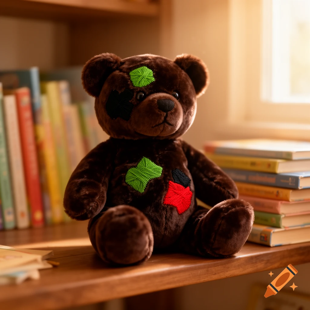 A brown teddy bear with green, black, and red embroidered patches sits on a wooden shelf next to blurred books.