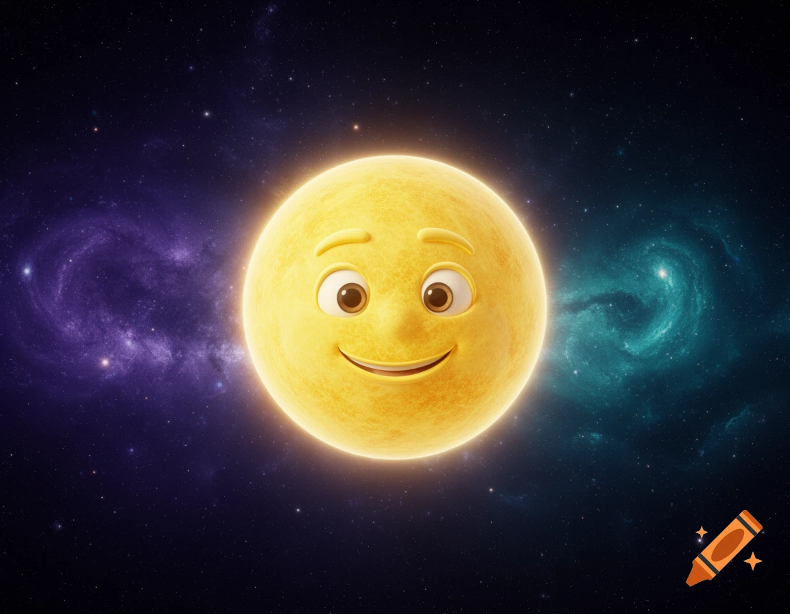 An animated yellow planet with a happy face smiles brightly in a dark, star-filled outer space with purple and teal nebulae.