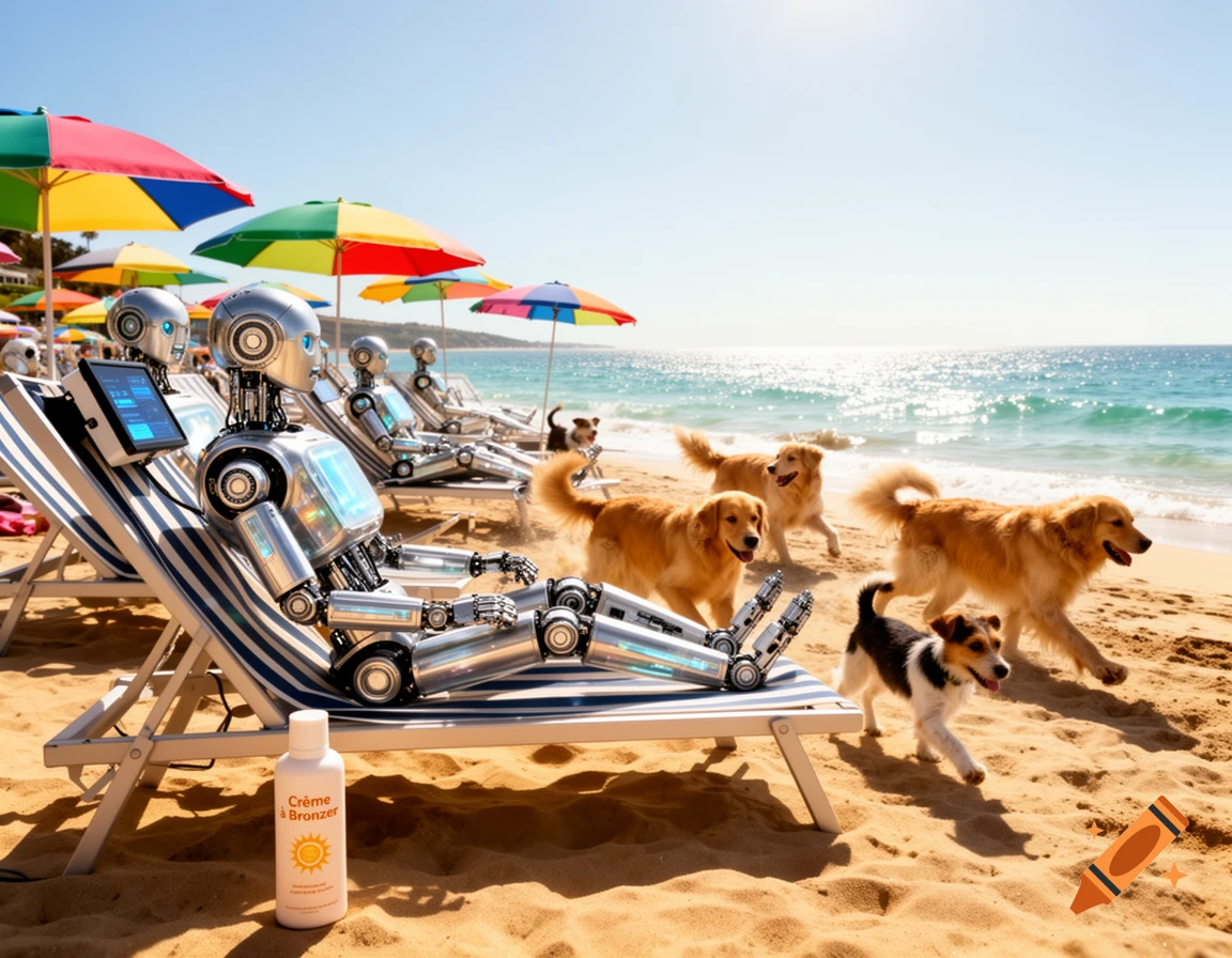 Photorealistic image of robots lounging on beach chairs under colorful umbrellas while dogs run on the sandy beach.