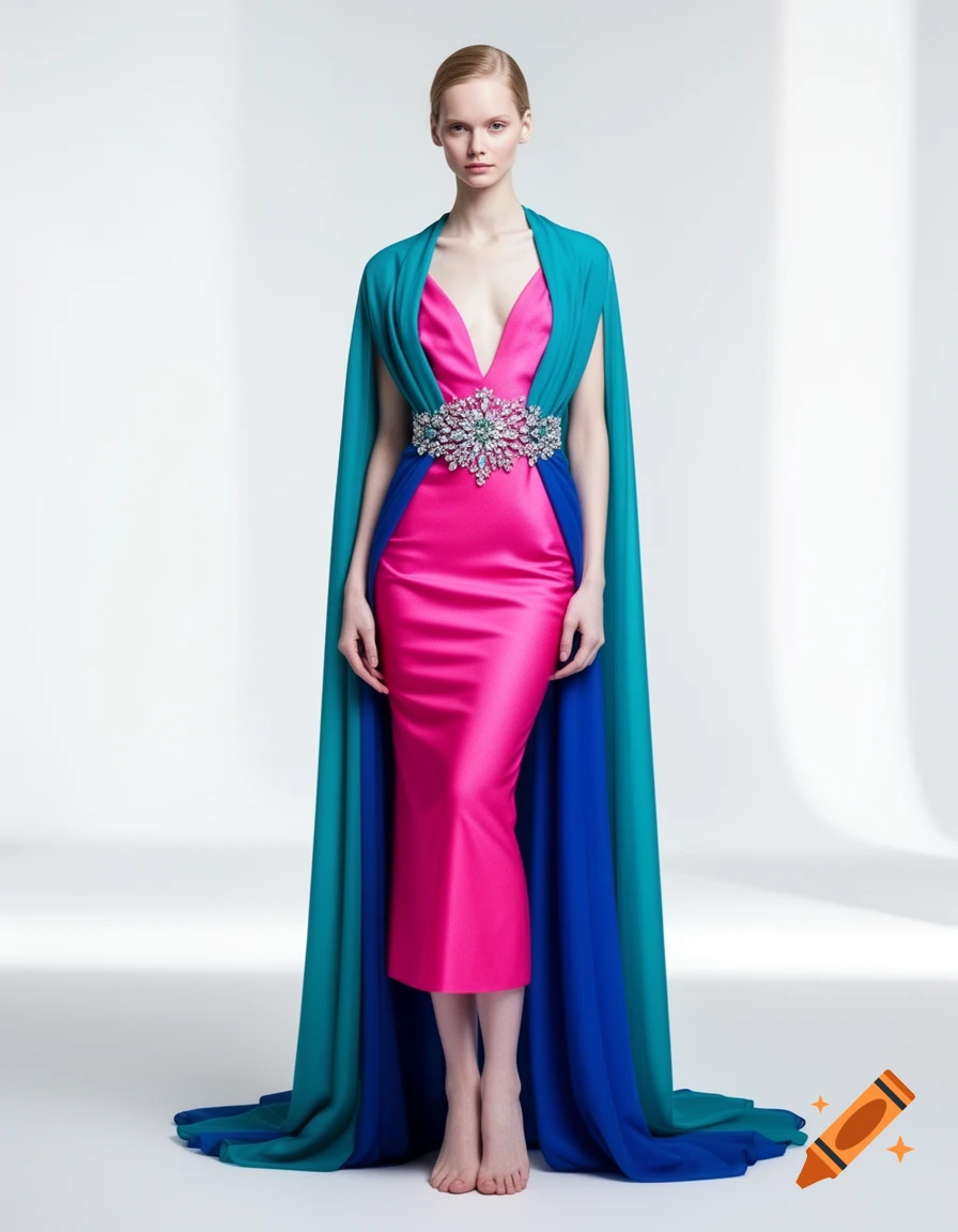 A tall, slender woman models an elegant, deep V-neck pink dress with a jeweled waist, complemented by a flowing teal and blue cape.