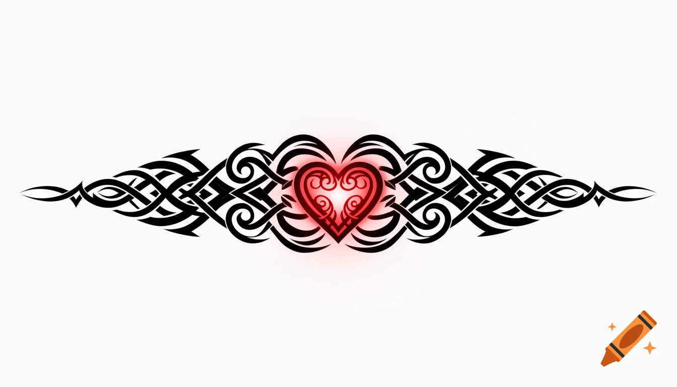 Black tribal design with a red glowing heart at its center, on a white background.