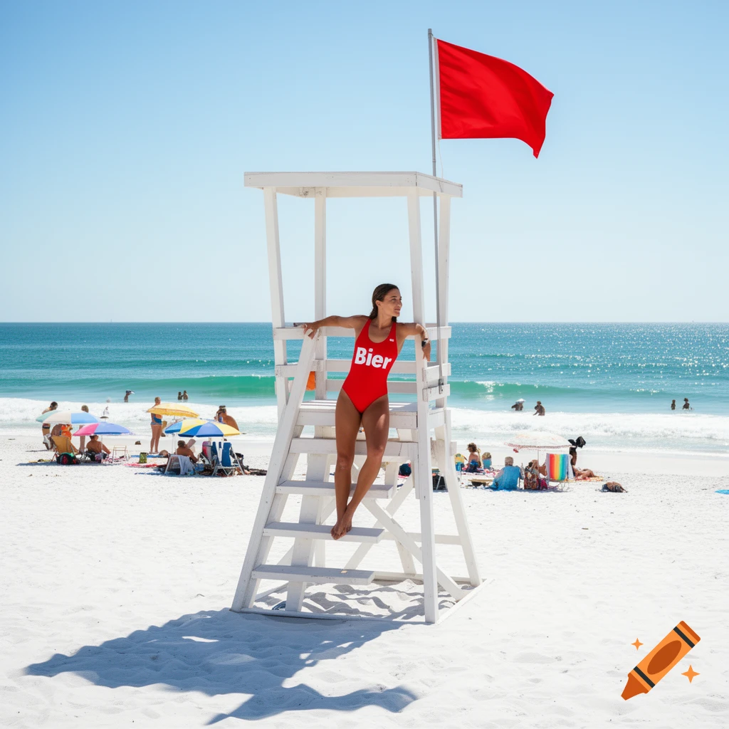 A woman in a red swimsuit with "Bier" on it stands on a white lifeguard tower at a sunny beach.