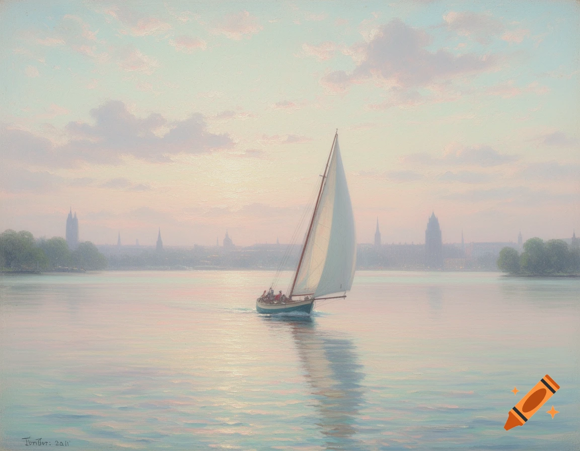 A pastel painting of a sailboat gliding on calm water, with a hazy city skyline and soft clouds in the background.