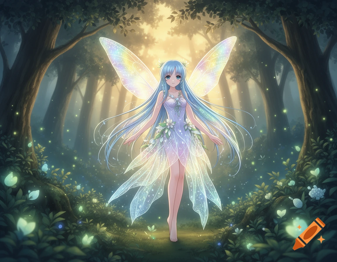 An anime fairy with long blue hair, a light purple dress, and colorful glowing wings stands in an enchanted forest with luminous plants.