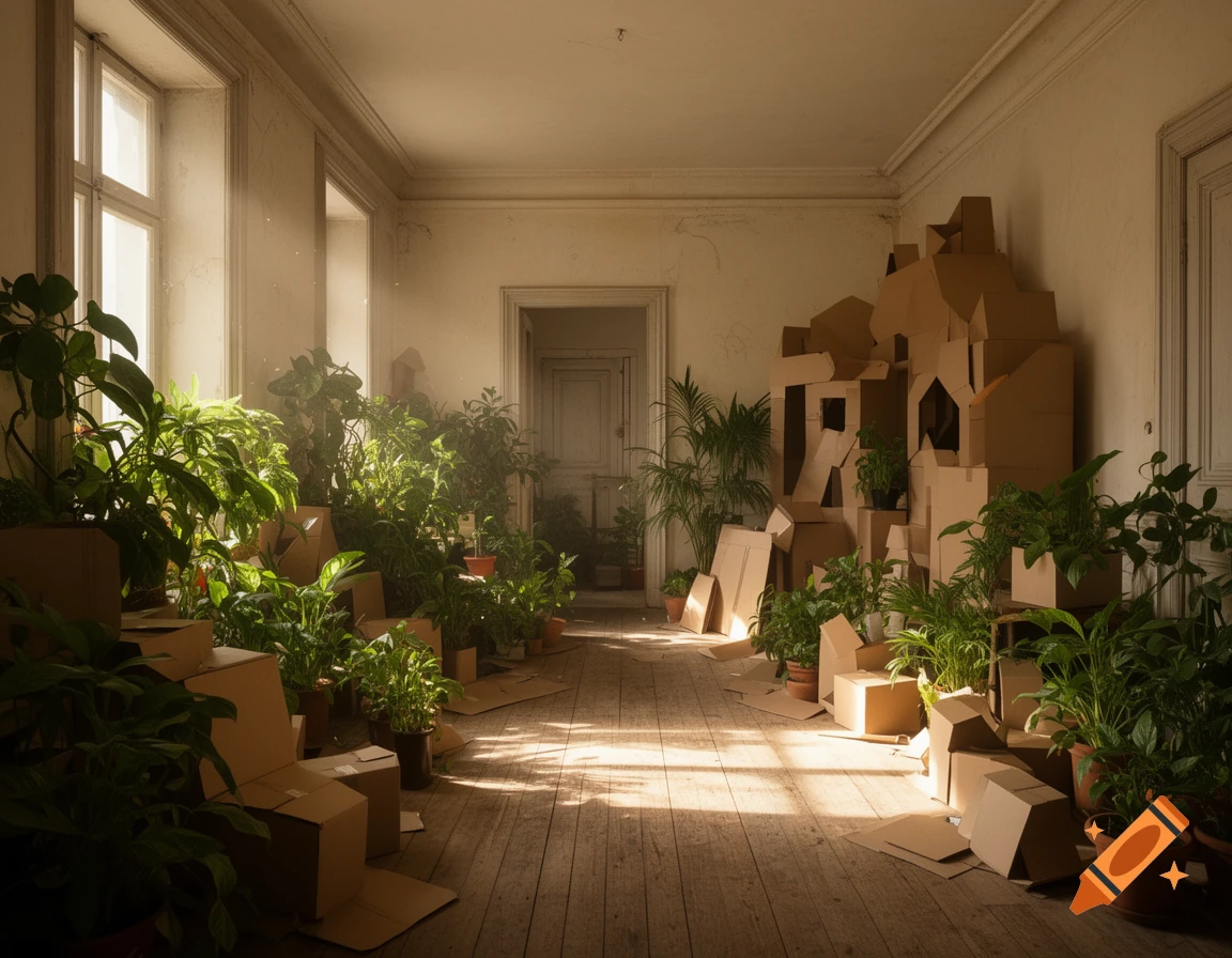 An old room filled with many green plants, cardboard boxes, and a sunlight ray hitting the wooden floor.
